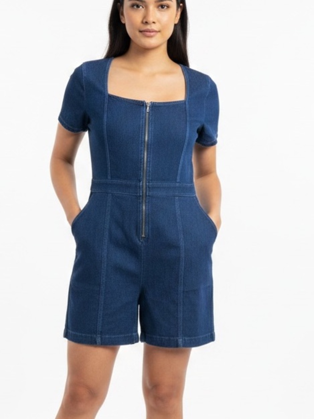 Rae Mode 1xl NWOT Dark Blue Short Sleeve Denim Romper with Front Zip